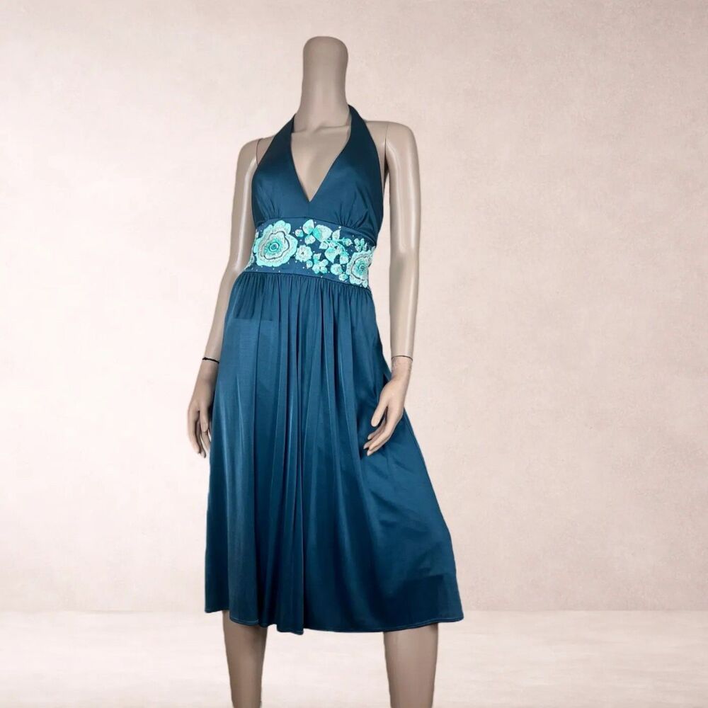 New With Tags NWT Women's Teal Blue Floral Halter Jersey Dress Size Small